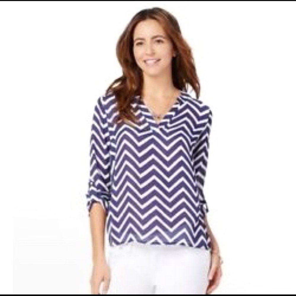 Charming Charlie Navy Blue & White Chevron Blouse